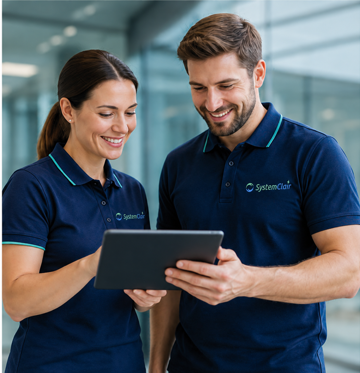 Symbolbild: zwei Personen mit SystemClair-Schriftzug auf den Poloshirts stimmen den Bedarf an einem Tablet ab